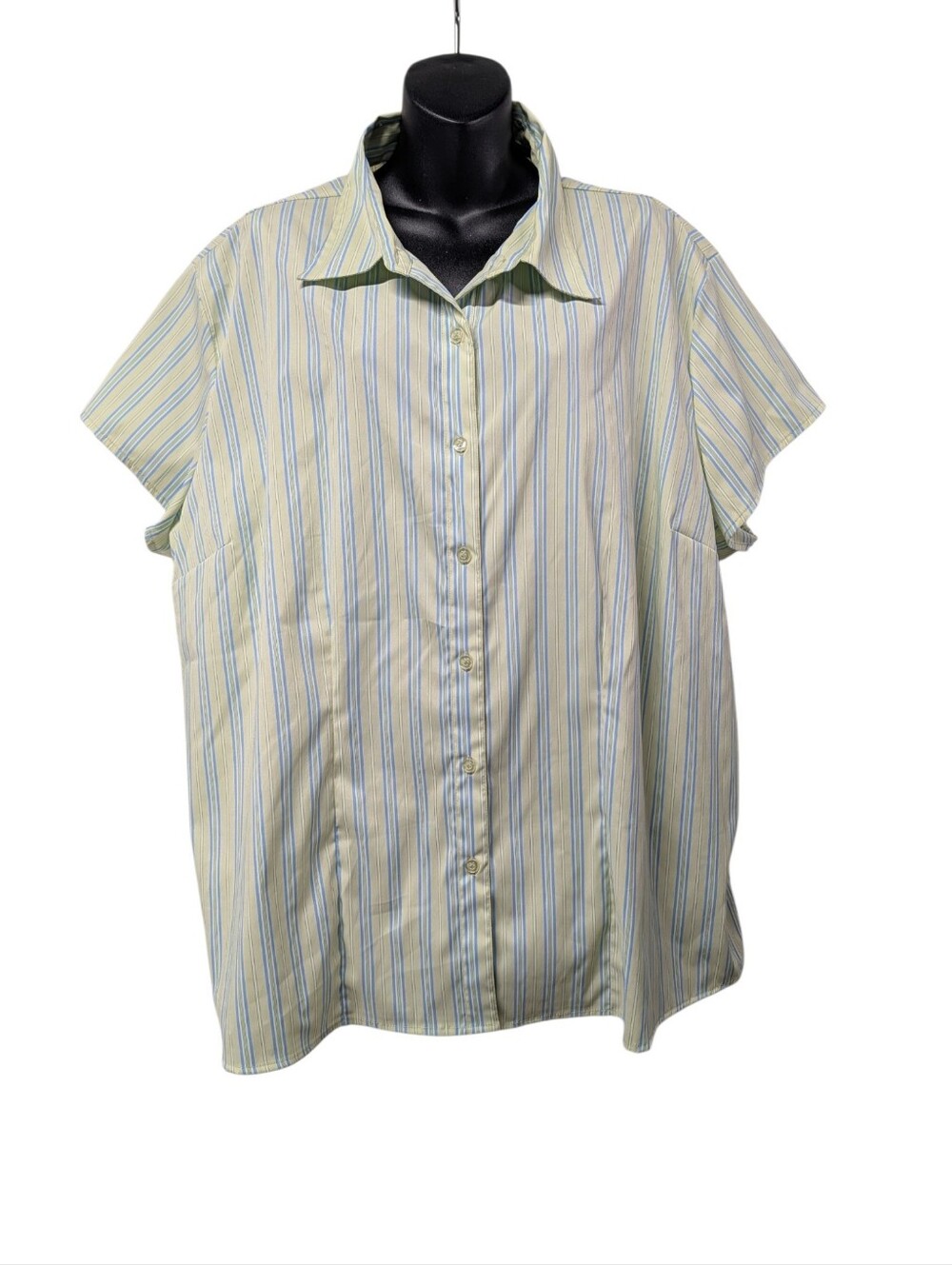 DCC Woman Womens 3X Plus Beige Blue Green Striped Stretch Collared Button-Up